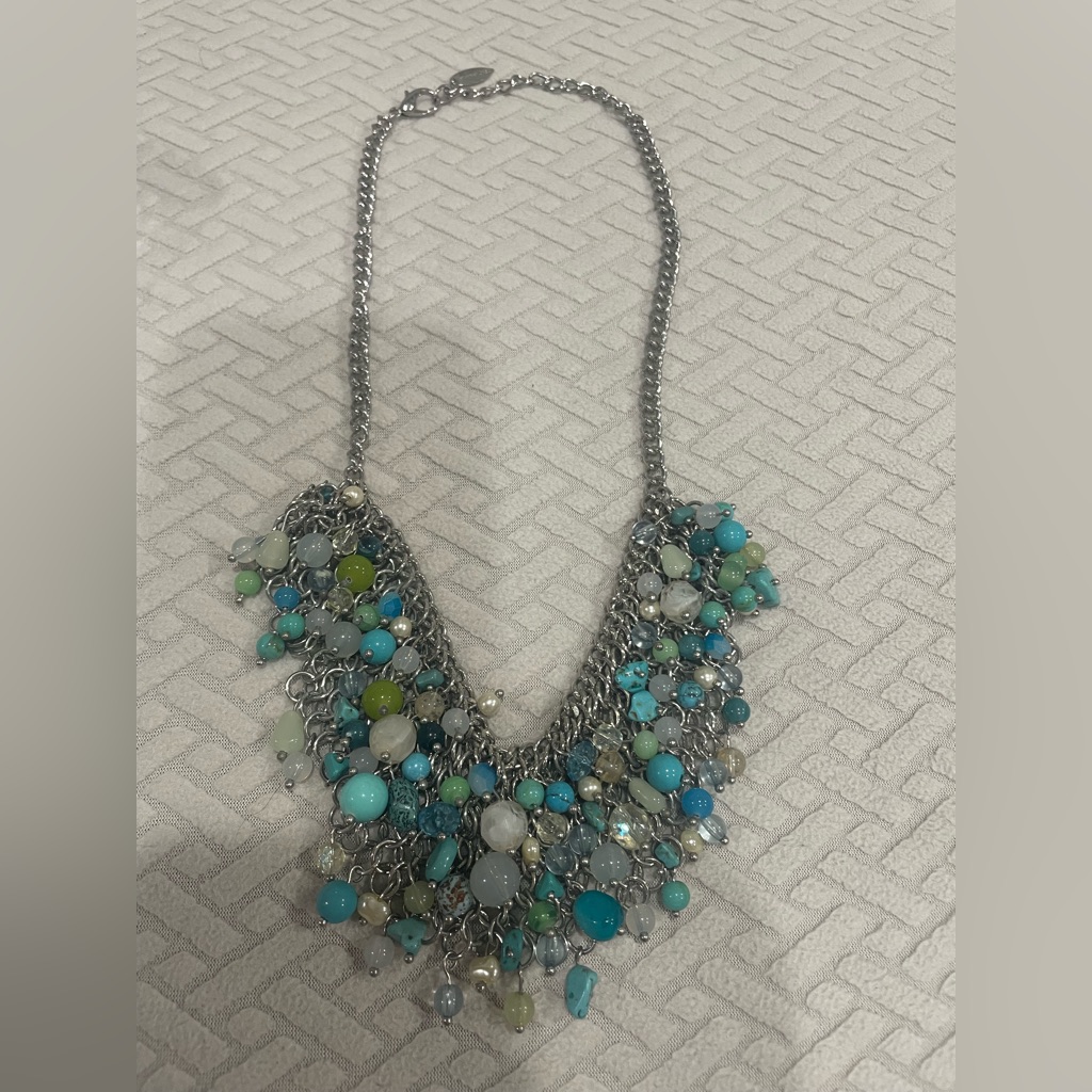 Coldwater Creek Silver Necklace With Blue And Green Beads